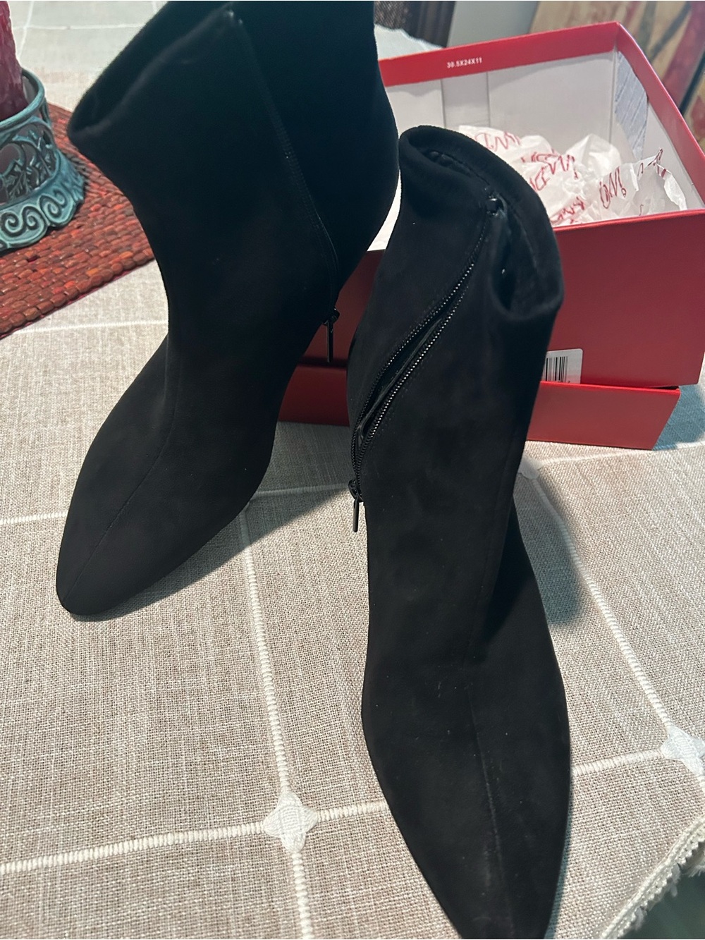 Impo Black Pointed Toe Suede Ankle Booties with Side Zip